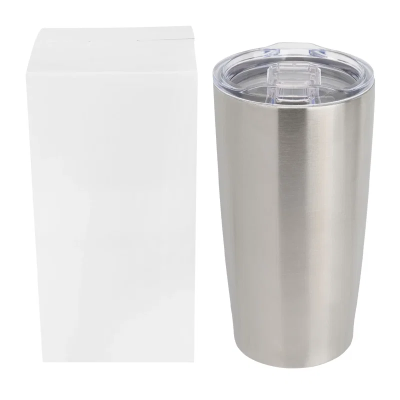 Silver tumbler standing beside the printed presentation box