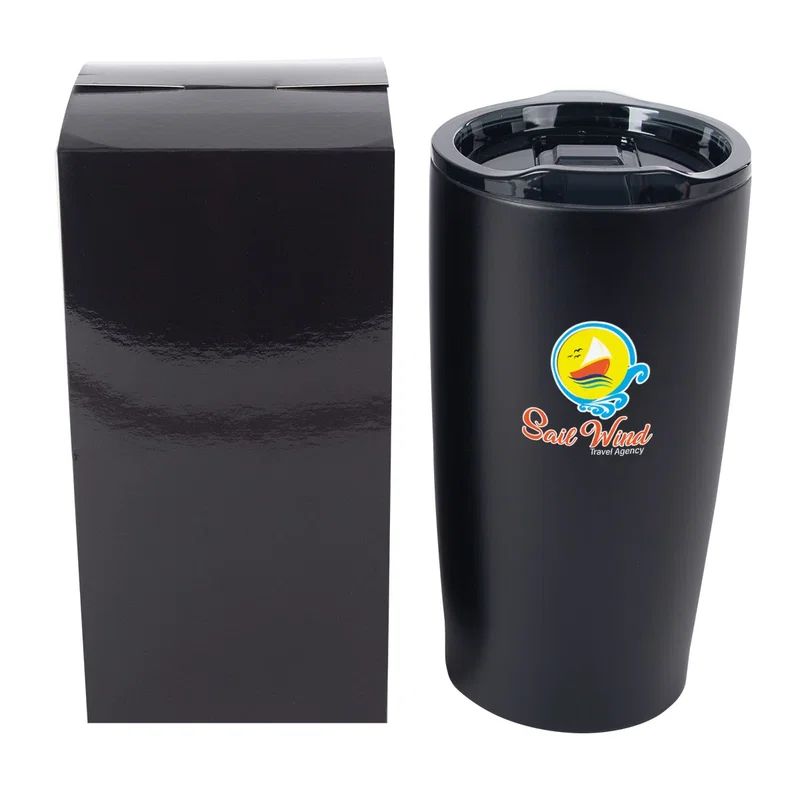 Angled shot of the drinkware and its packaging
