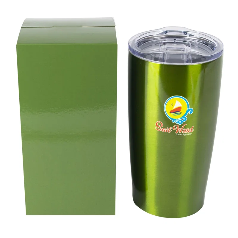 Navy tumbler beside the closed gift package