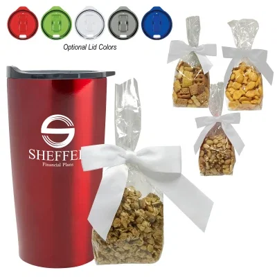Stainless tumbler shown with a promotional stuffer card inside