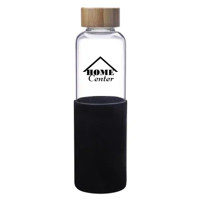 Glass water bottle with a protective sleeve around the body