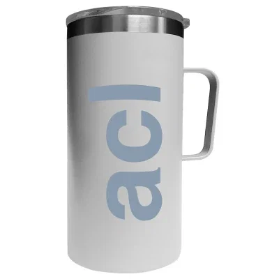 Twenty ounce white stainless steel mug measuring six inches tall