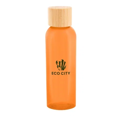 rPET bottle with a bamboo lid, holding 20 ounces.
