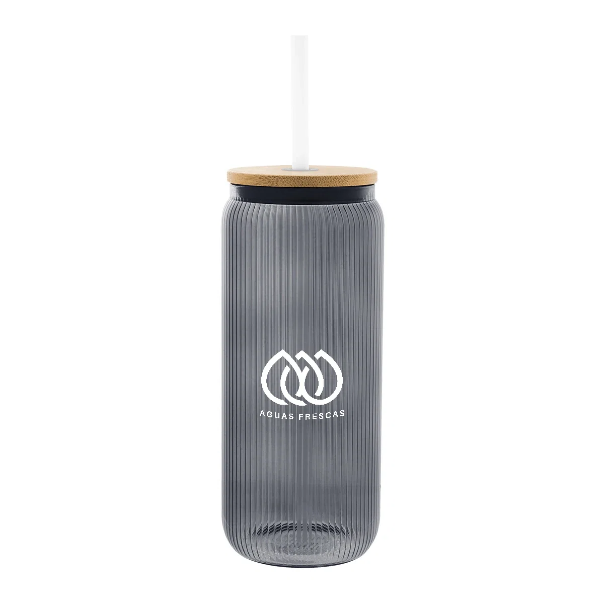Ribbed glass can shaped tumbler topped with a bamboo lid