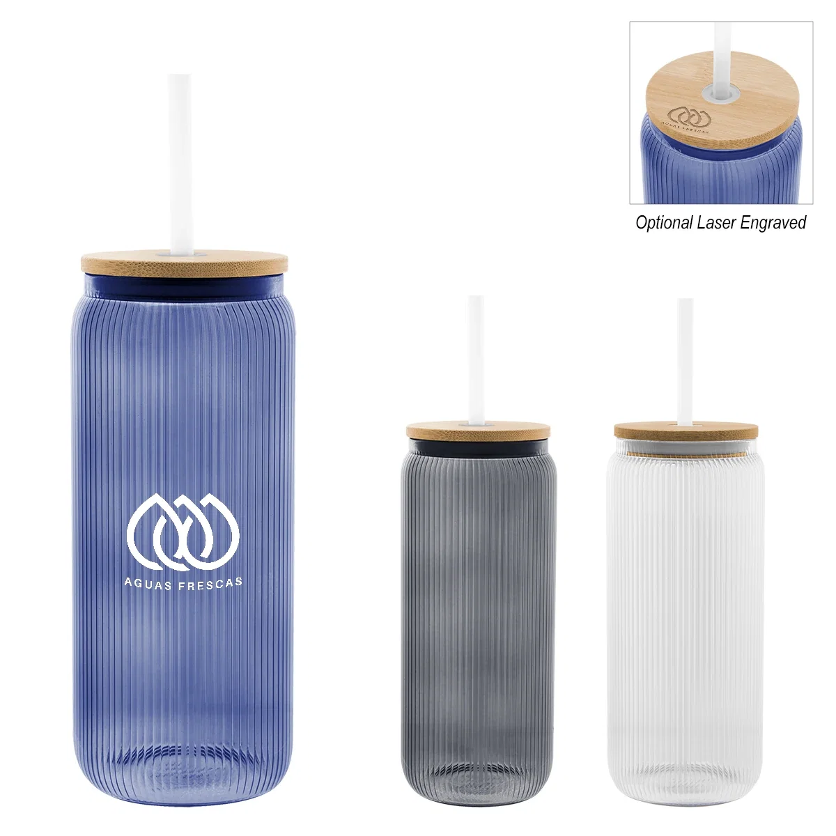 Clear glass can with ribbed sides and a natural wood top