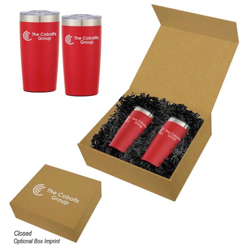 Pink cup beside the twelve inch tall gift box