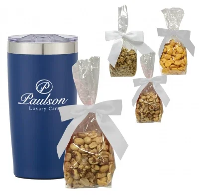 Twenty ounce two-tone tumbler shown upright with its lid