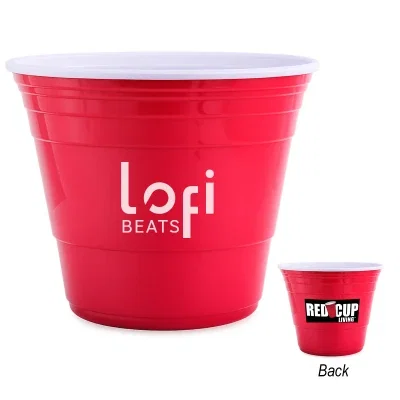 Large red party bucket for chilling drinks on ice