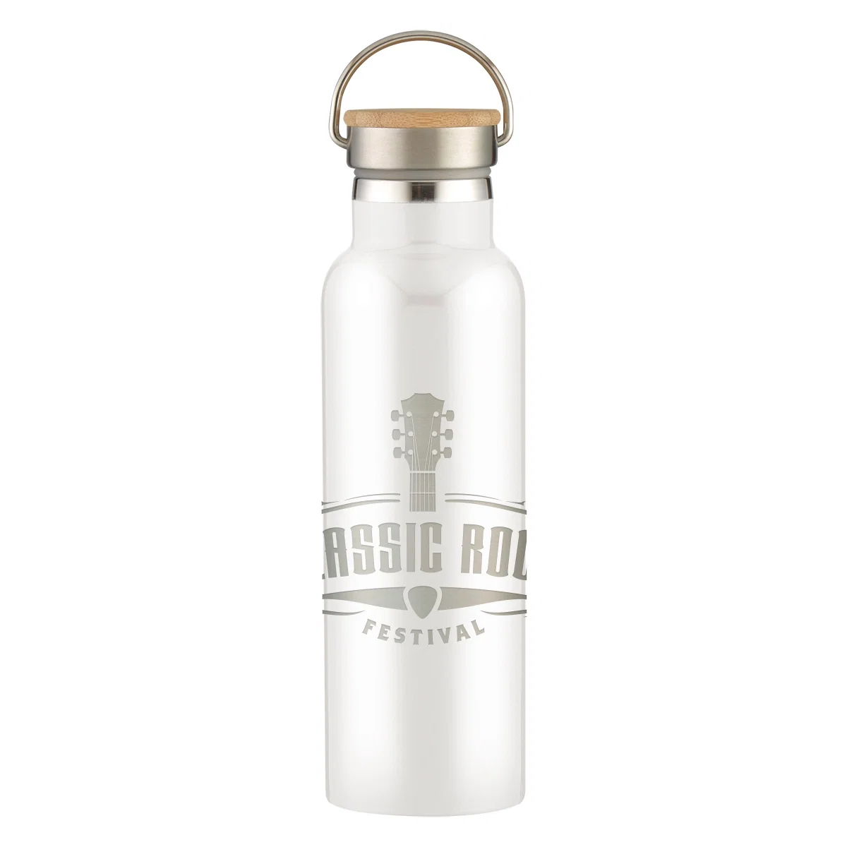 Stainless steel water bottle topped with a bamboo lid