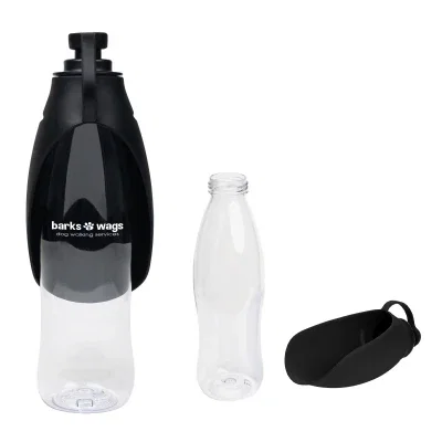 Recycled water bottle with an attached dispensing bowl for pets
