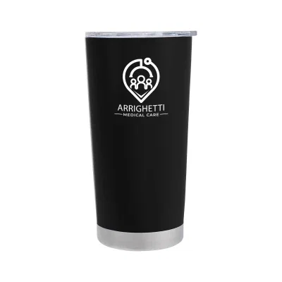 Blue tumbler shown from the front with lid attached