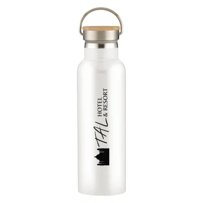 Recycled stainless steel bottle topped with a bamboo lid