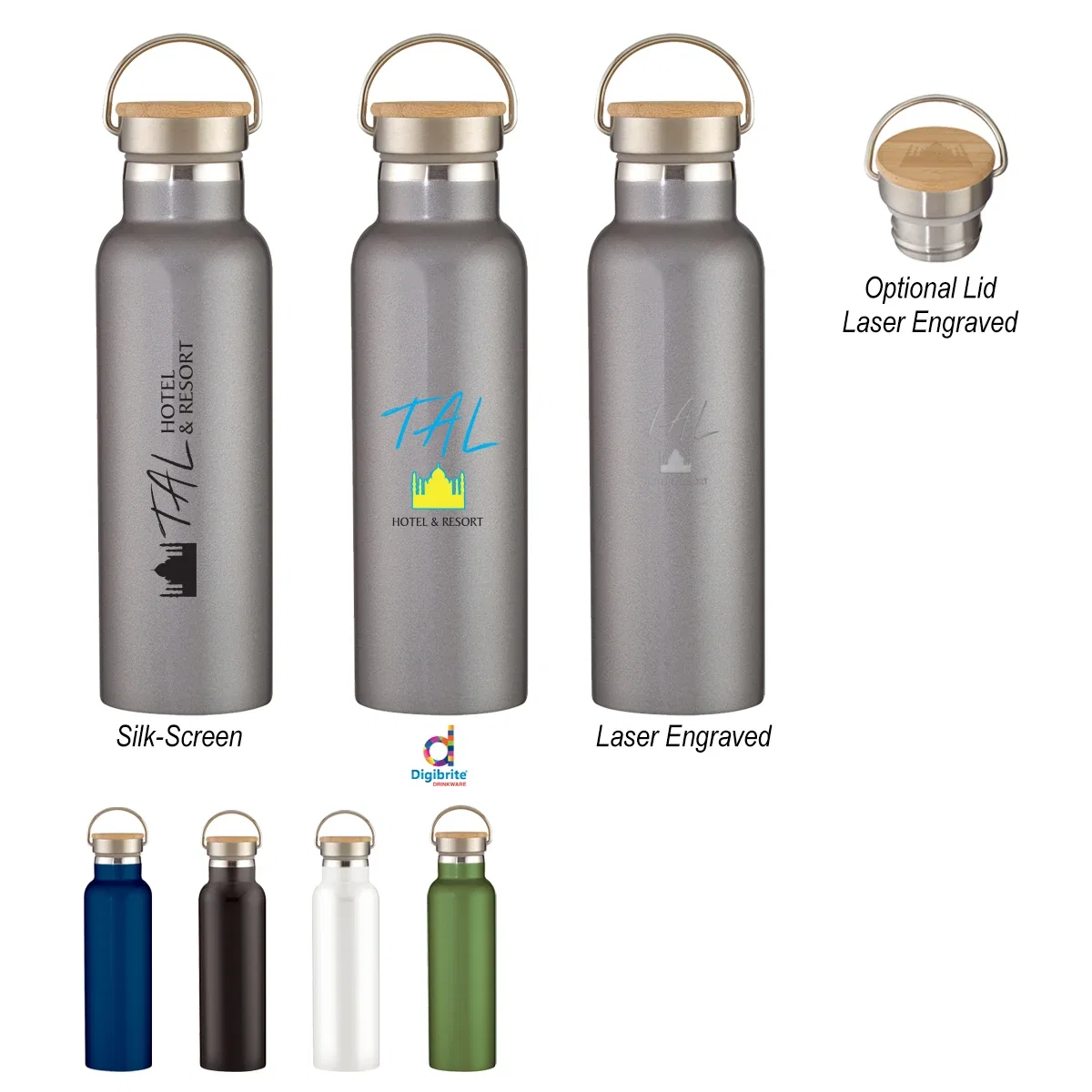 Full lineup of color choices for the reusable steel bottle