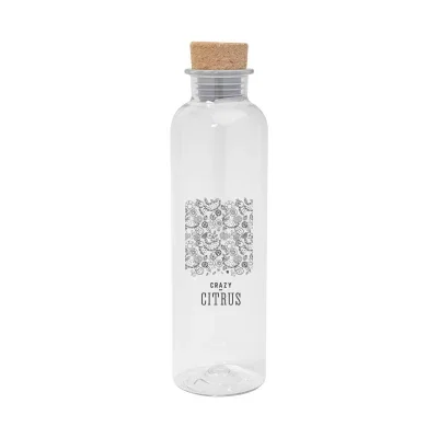 Translucent rPET water bottle topped with a natural cork lid