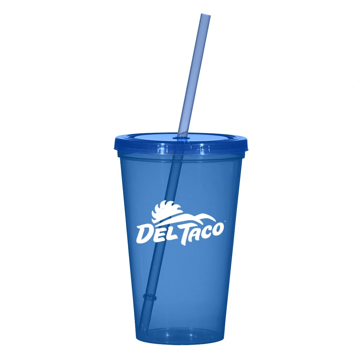 Translucent blue tumbler with a spill resistant lid