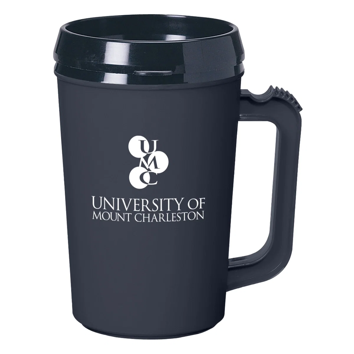 Blue insulated mug with a white lid