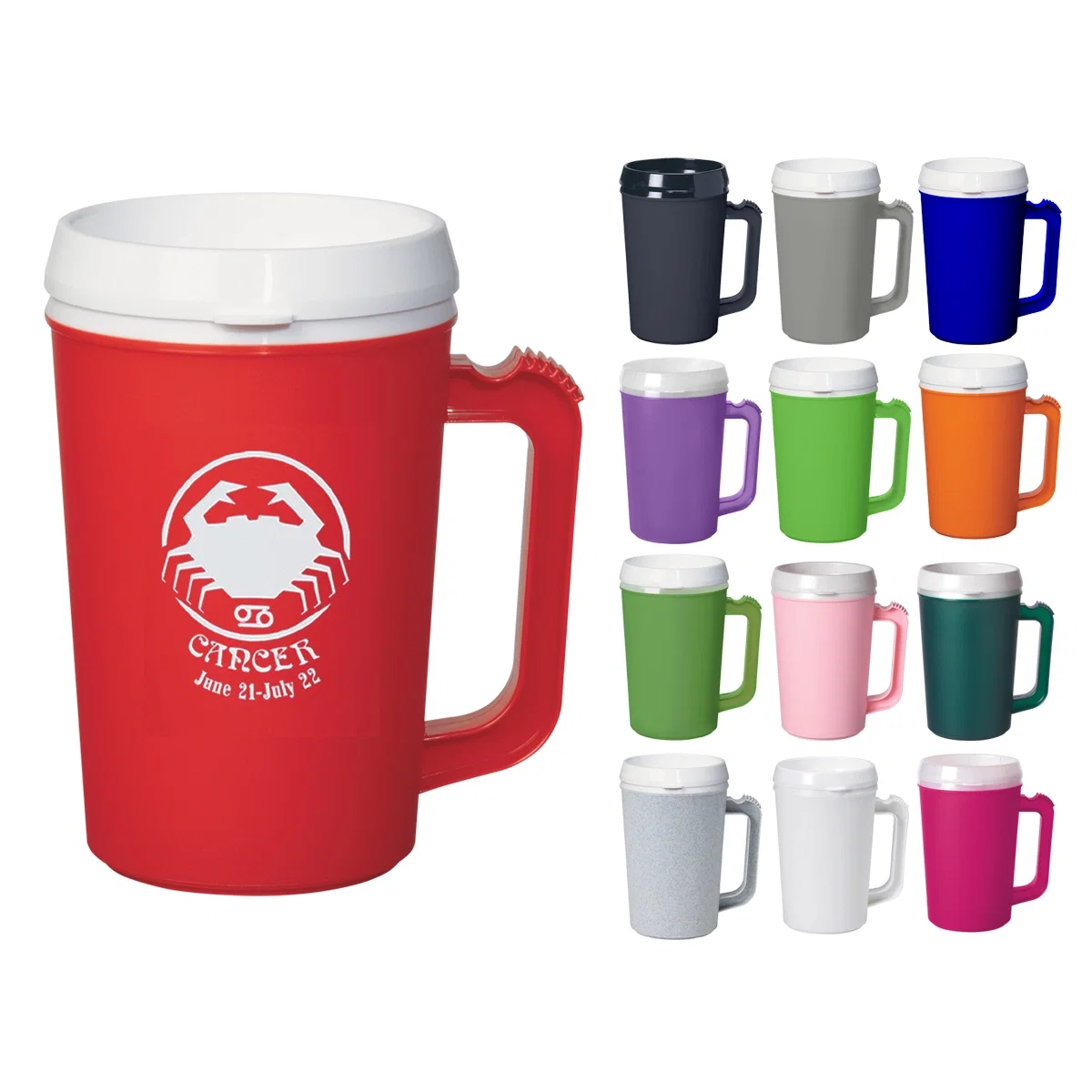 Twenty two ounce insulated travel mug with a lid