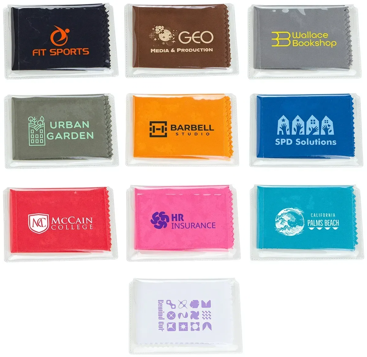 220GSM Microfiber Cloth in Clear PVC Case, branded screen cleaner in clear pouch, front view