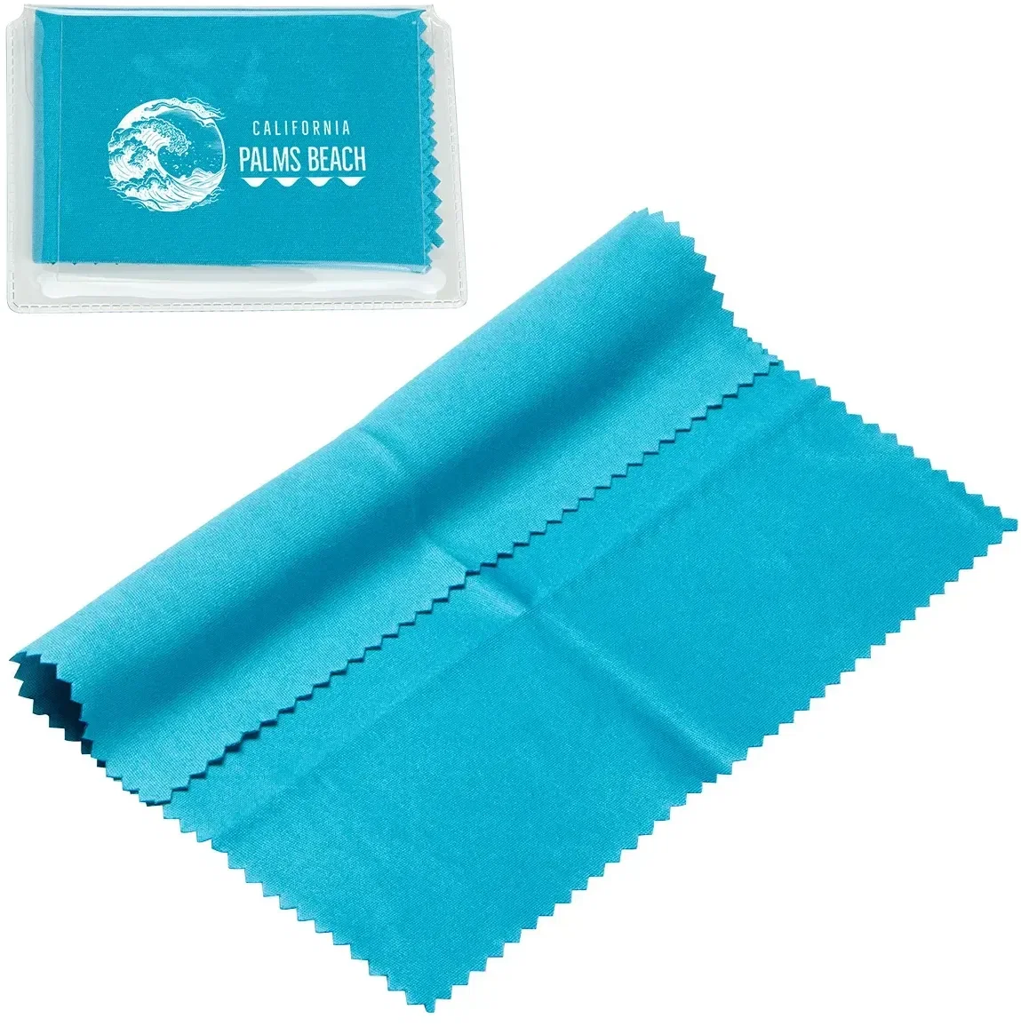 Custom microfiber cloth in clear PVC case, group shot of color options