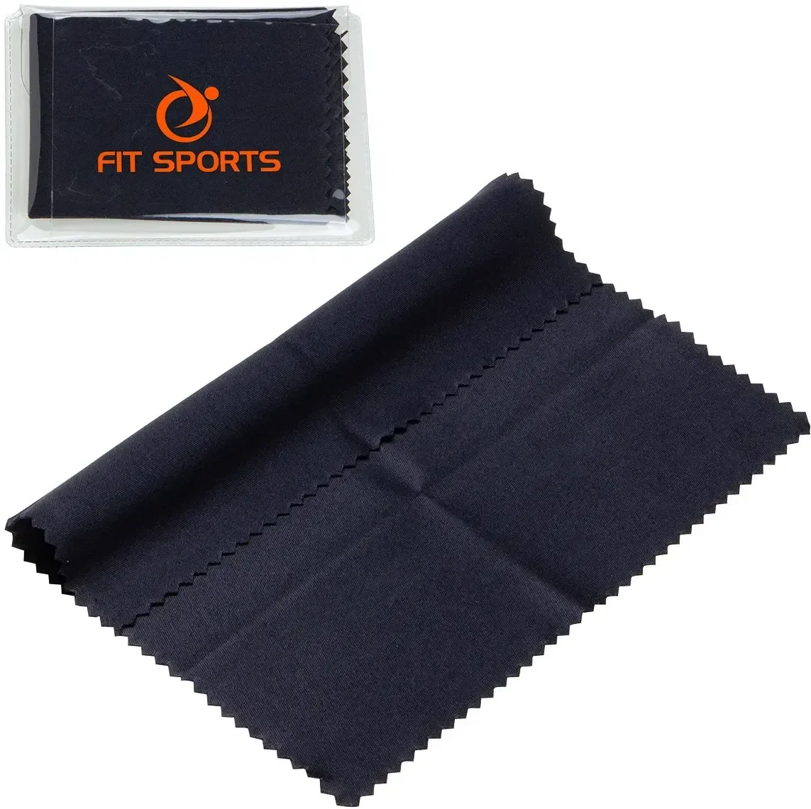 Custom 220GSM microfiber cleaning cloth folded inside clear PVC case, angled view