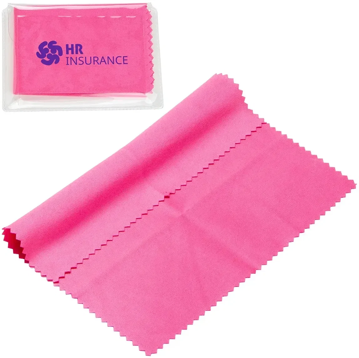 Promotional microfiber lens cloth with logo on clear PVC pouch, color option