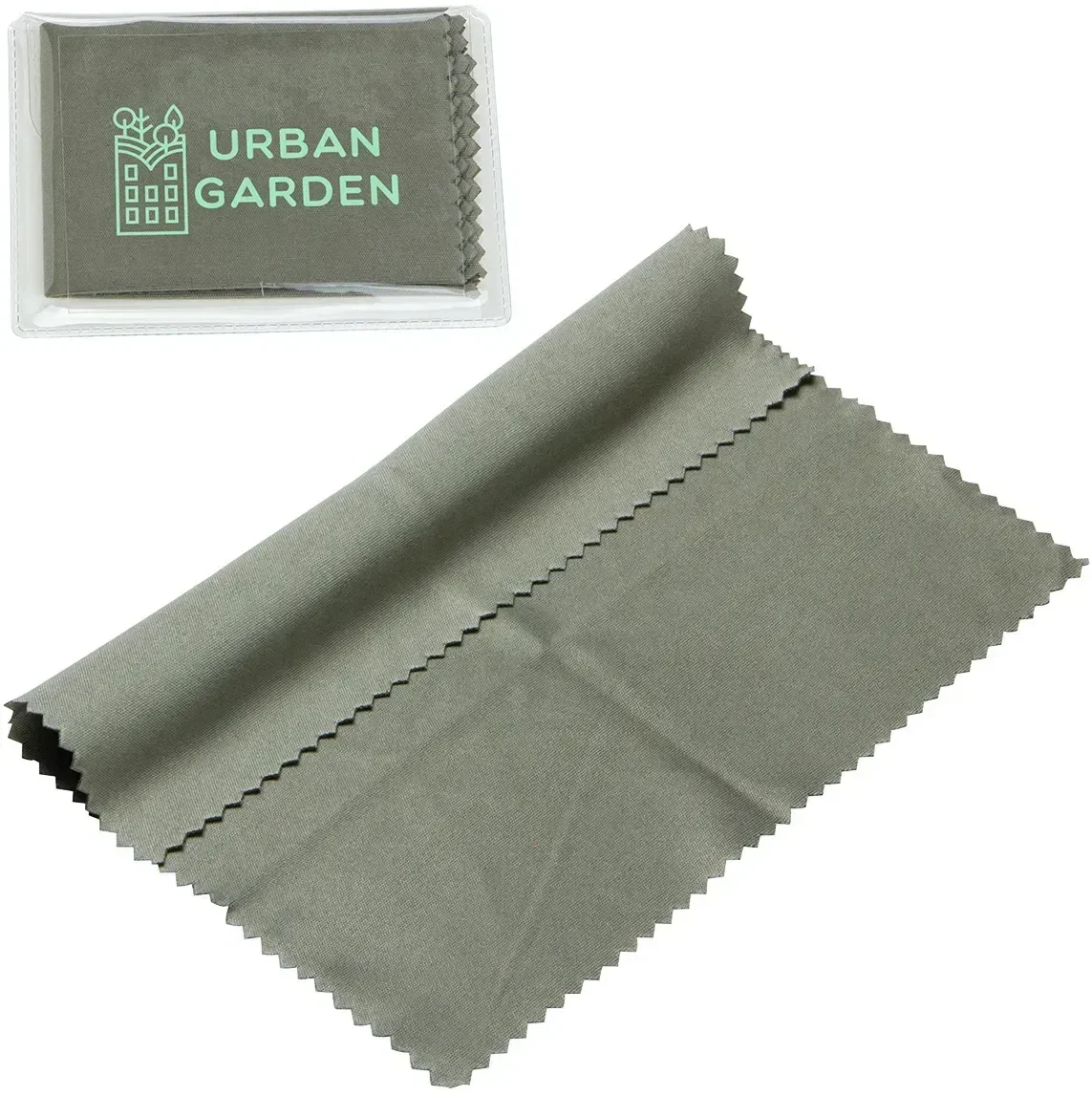 Branded 220GSM microfiber cloth pulled from clear PVC case, detail view
