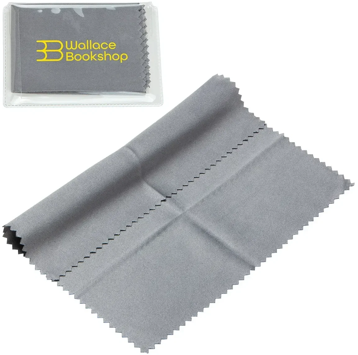 Branded microfiber cleaning cloth and clear pouch shown together, flat lay