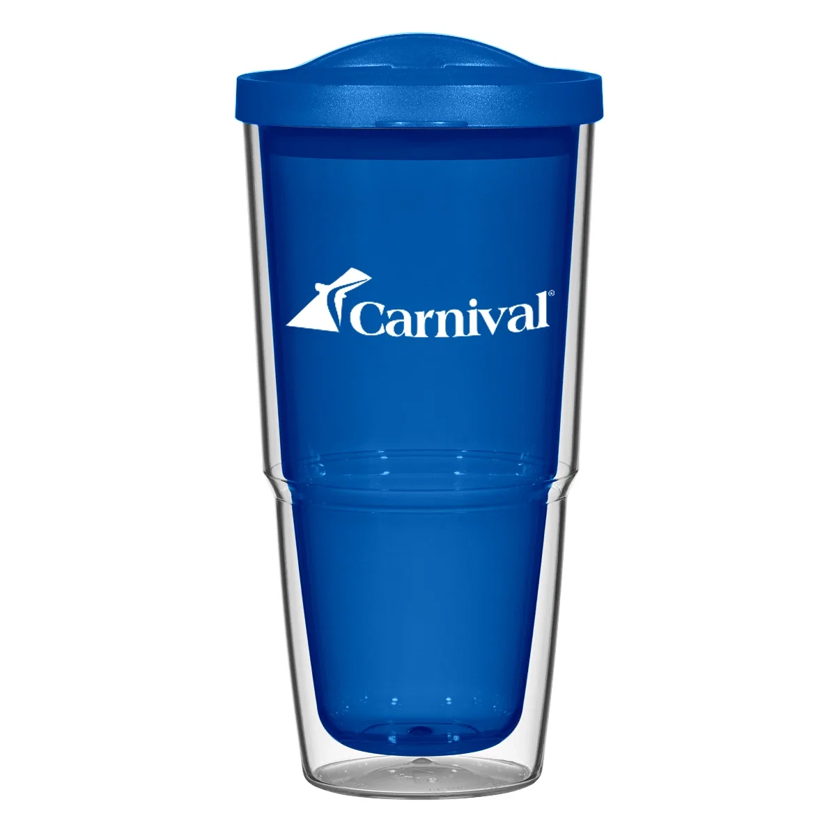 Clear 24 ounce tumbler topped with a charcoal lid