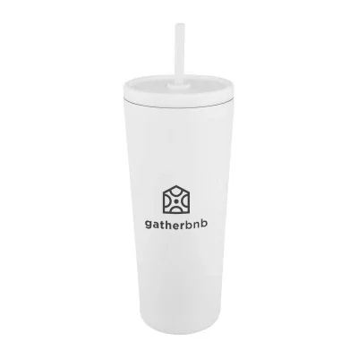 Stainless steel tumbler shown with its drink lid in place