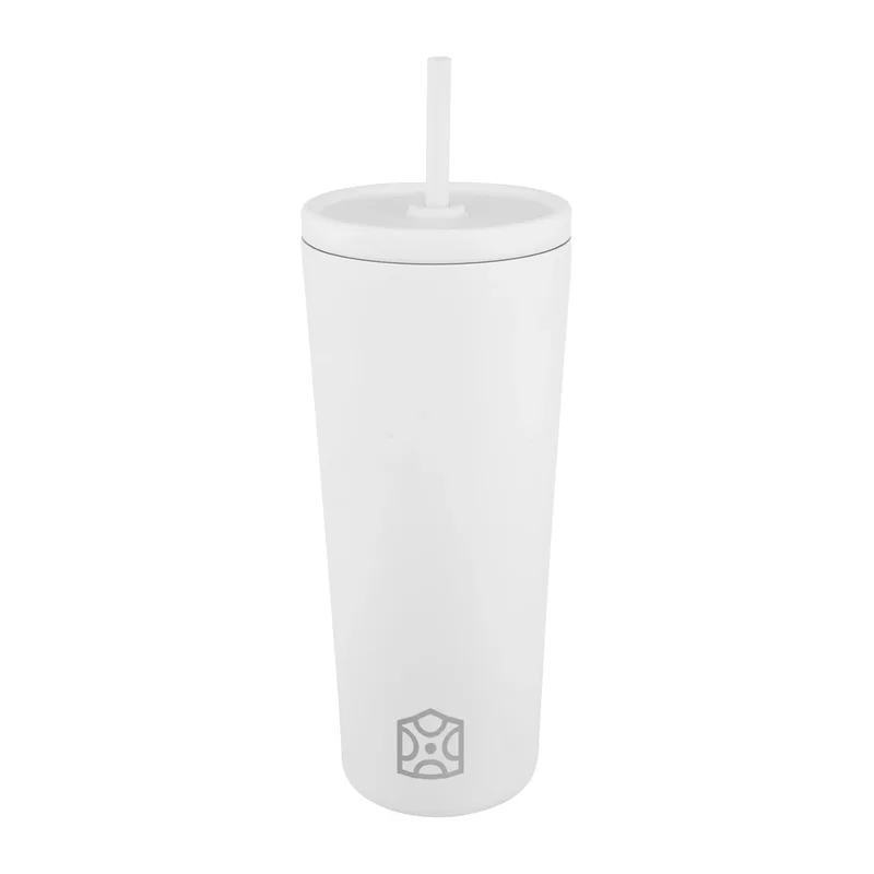 Gray tumbler held in one hand while commuting