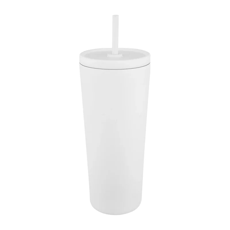 Black cup viewed straight on with the logo area centered