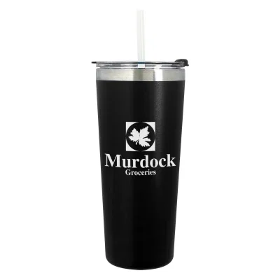 Twenty four ounce tumbler standing eight inches tall with a straw