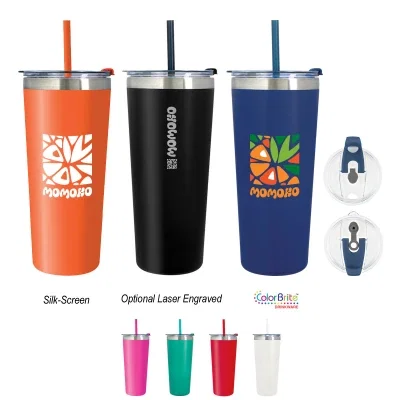 Twenty-four ounce tumbler with a matching lid and drinking straw