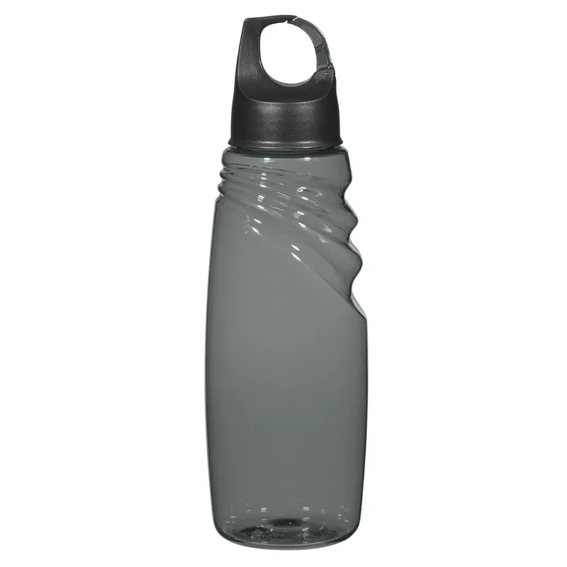 Bottle clipped to a backpack during a hike