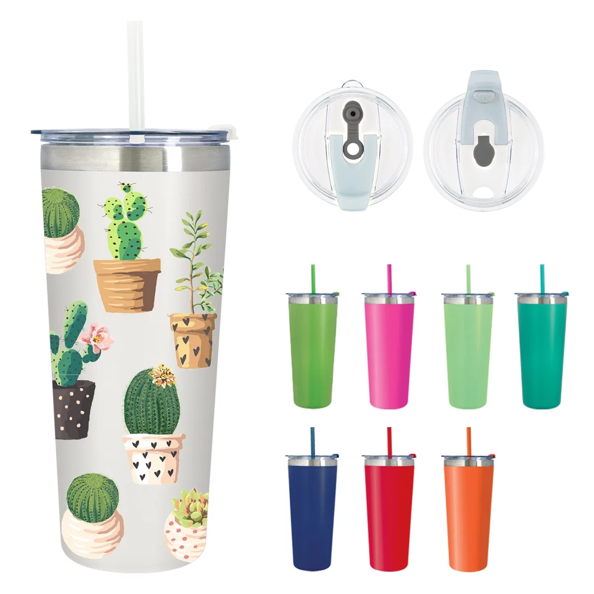 Stainless steel tumbler holding twenty four ounces with a matching lid