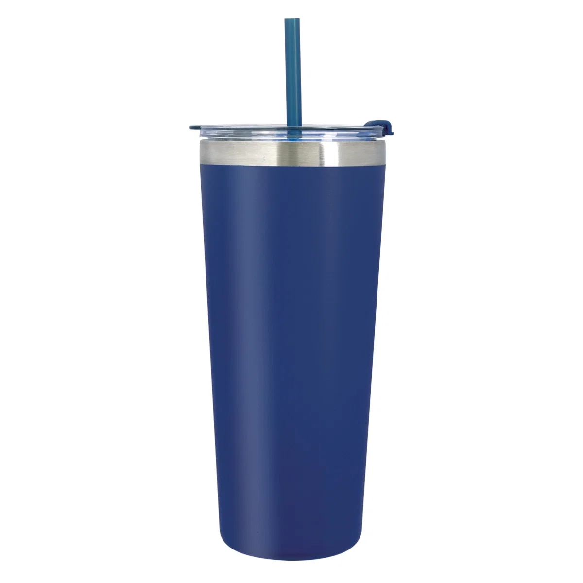 Blue tumbler with its lid seated firmly in place