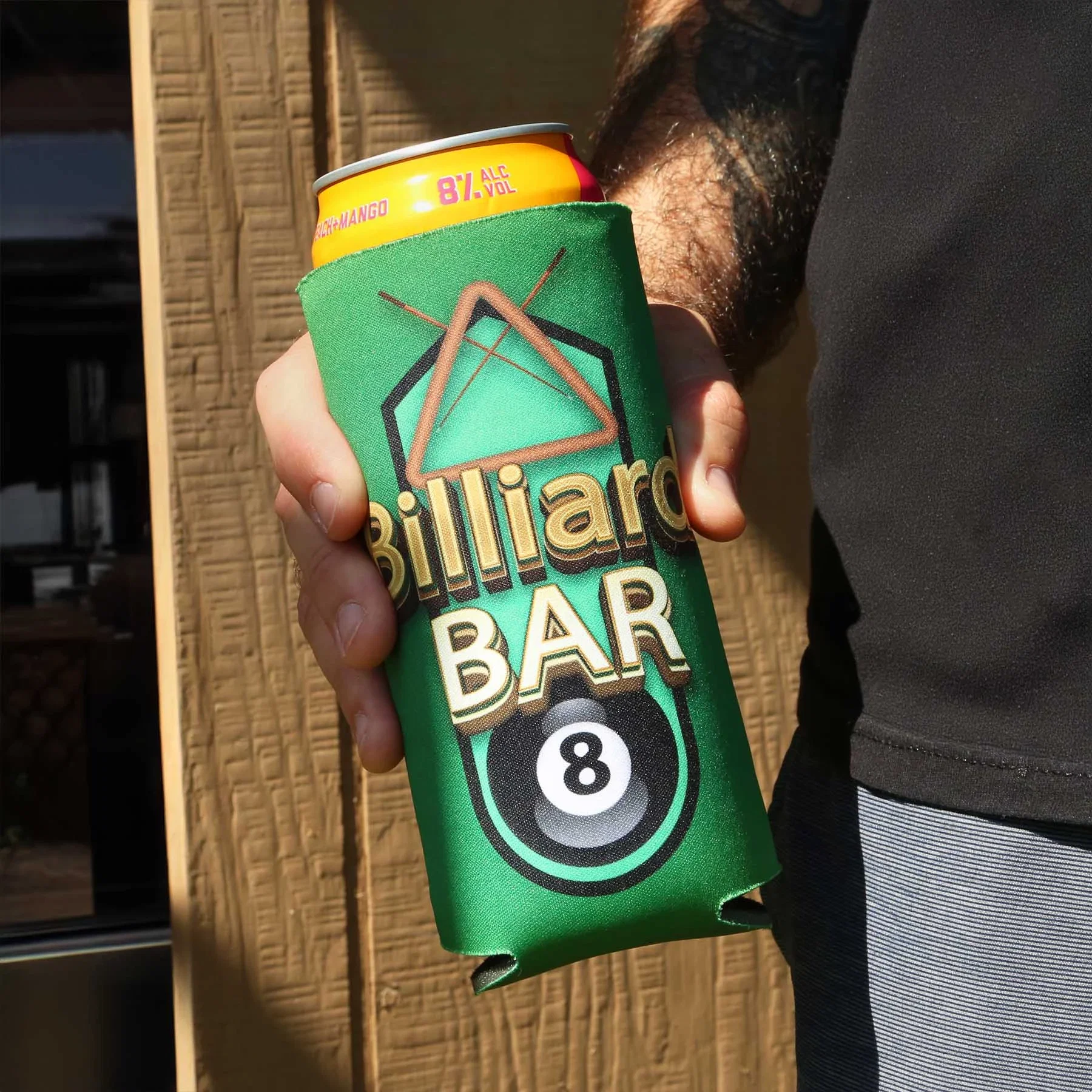 BEST Full Color 16 oz Can Cooler held in hand