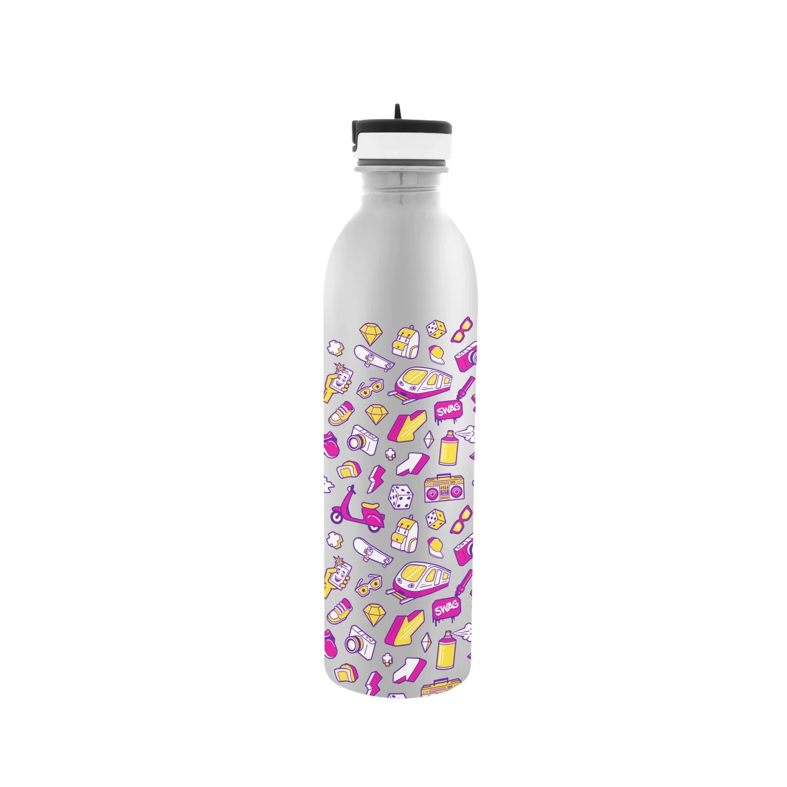 Silver bottle photographed straight on against a white backdrop