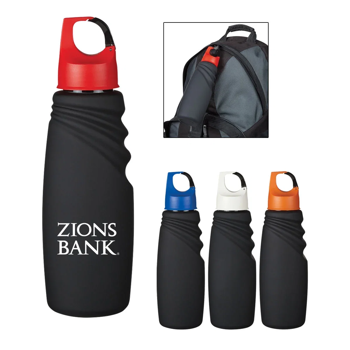 Matte black sports bottle with a carabiner clip lid