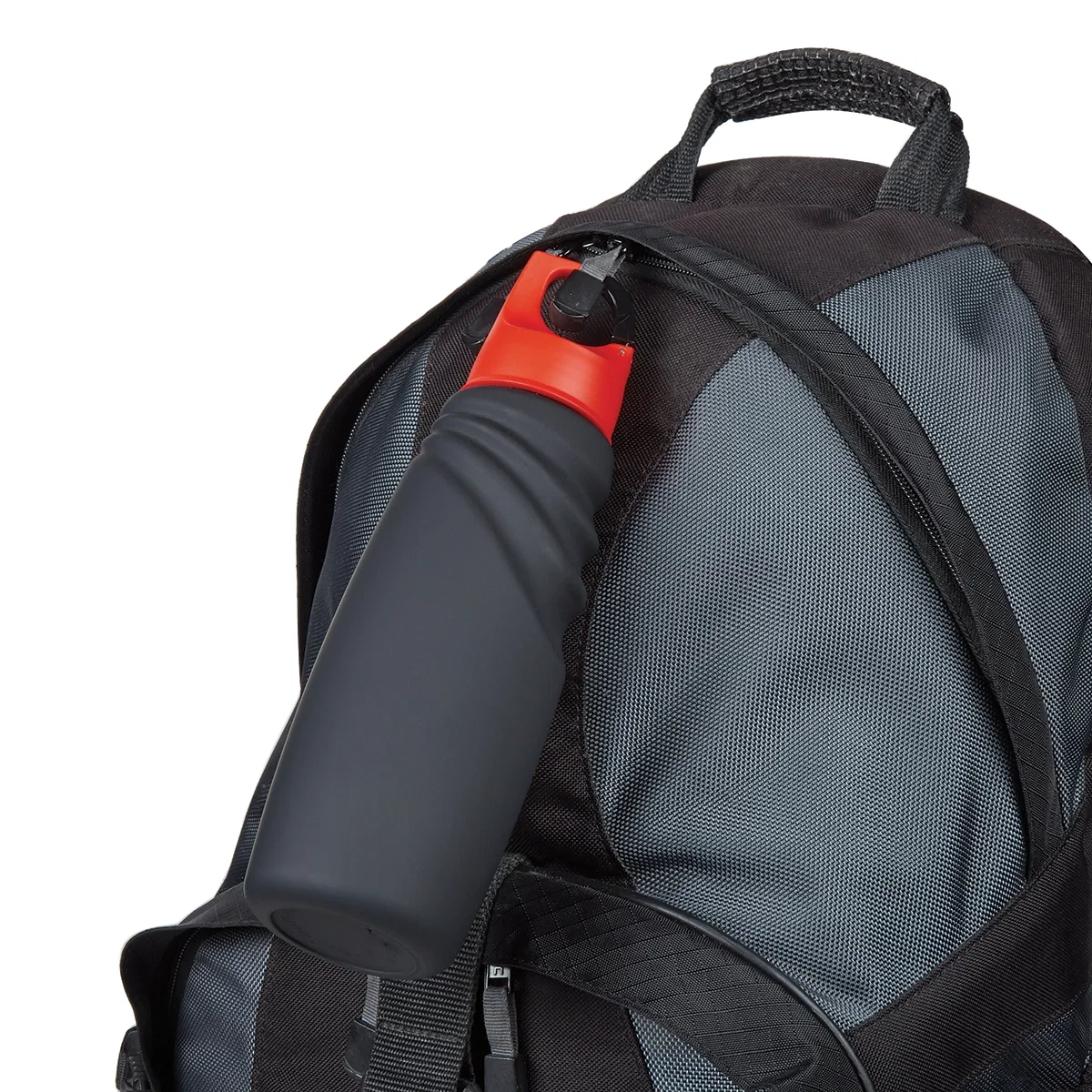 Carabiner hooks the bottle onto a backpack strap