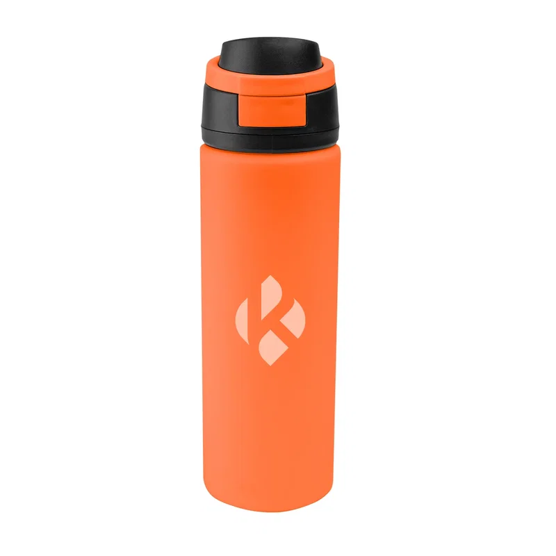 The narrow base of the water bottle next to a neutral backdrop