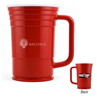 Reusable beer mug in red holding twenty-four ounces