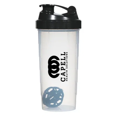 Clear 24 ounce shaker bottle topped with a colored screw lid