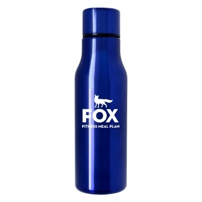 Silver stainless steel water bottle standing on a white surface