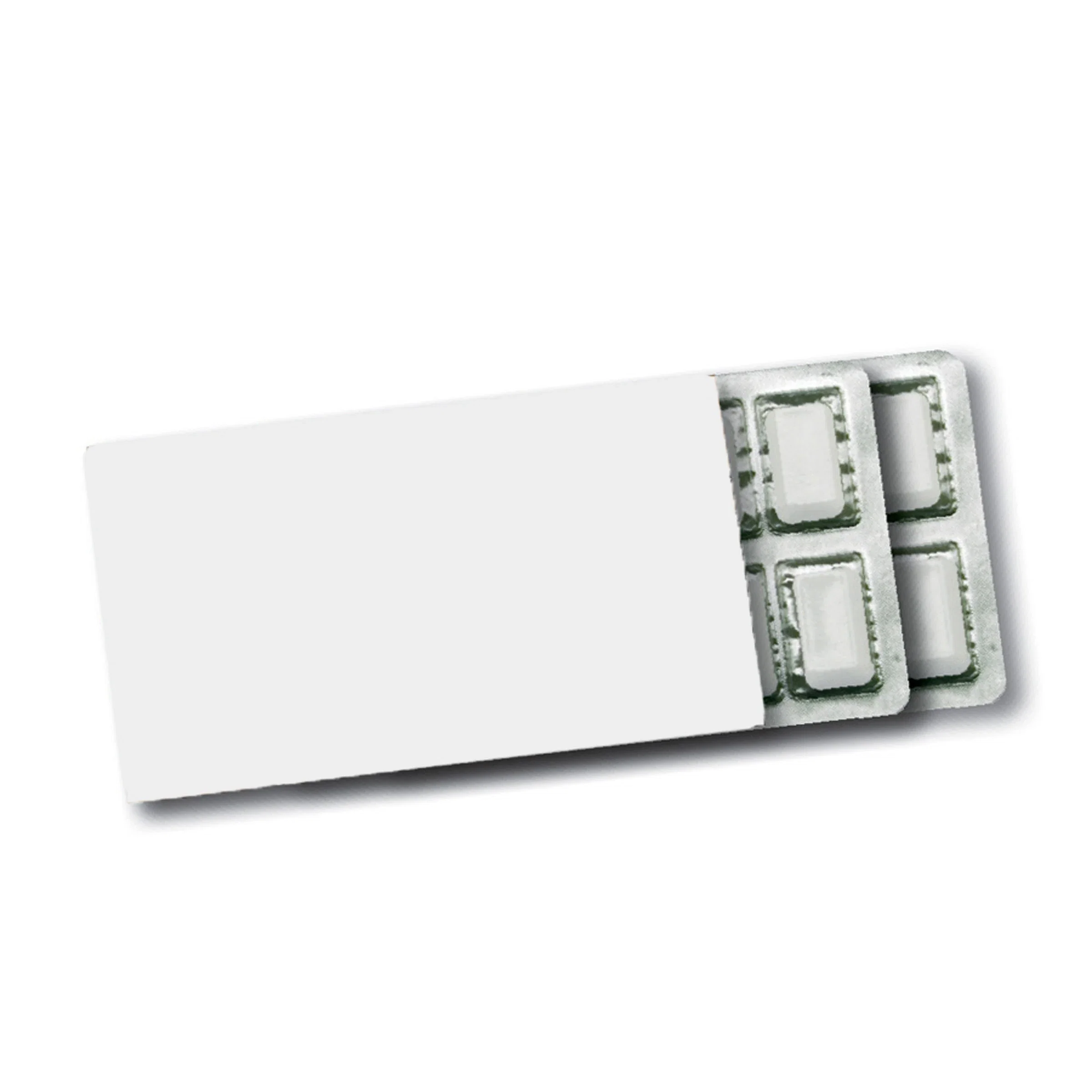 Rectangular pack measuring about four inches across the printed face