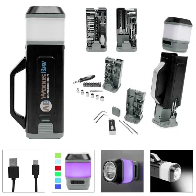 Black and gray twenty-four piece tool set with a rechargeable light