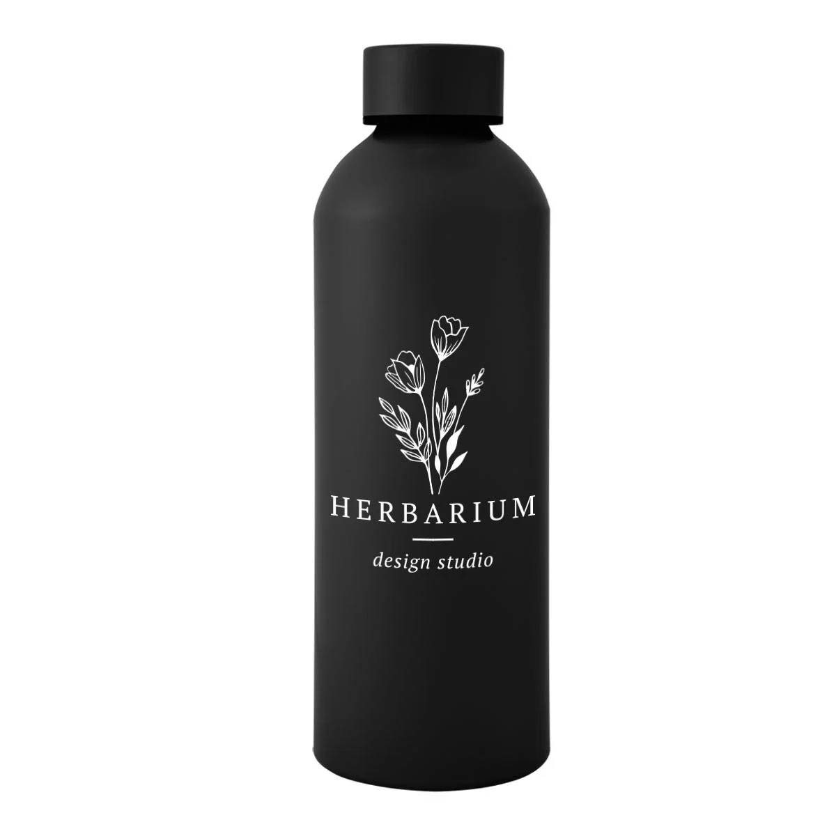 Recycled aluminum bottle standing upright with its screw cap on