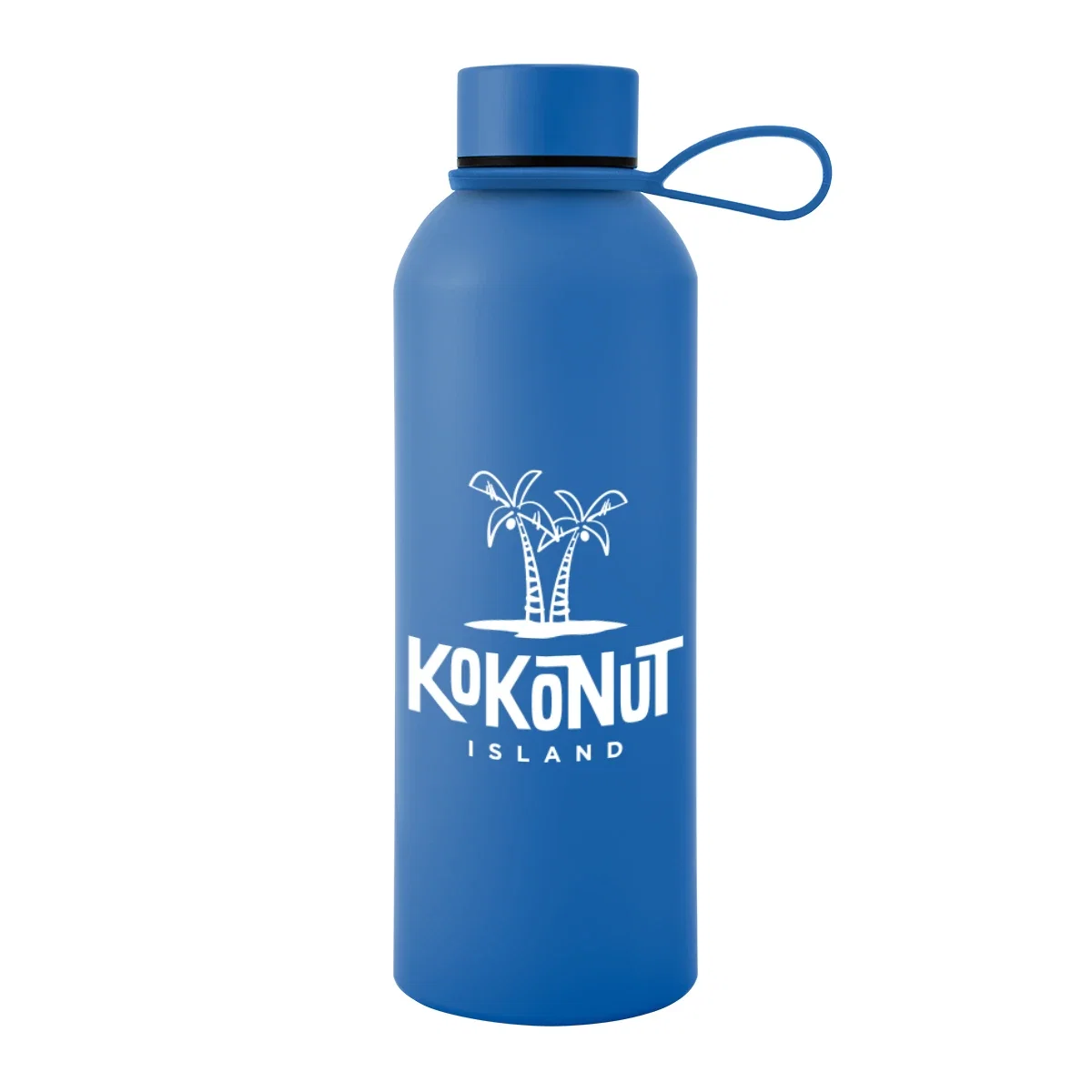 Silicone strap looped at the neck of the bottle.