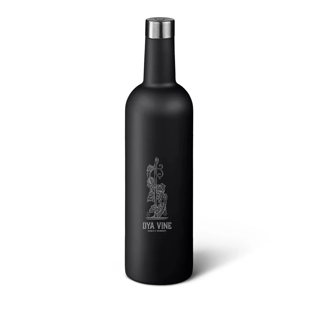 Navy insulated wine canteen holding a full bottle, twenty-five ounces