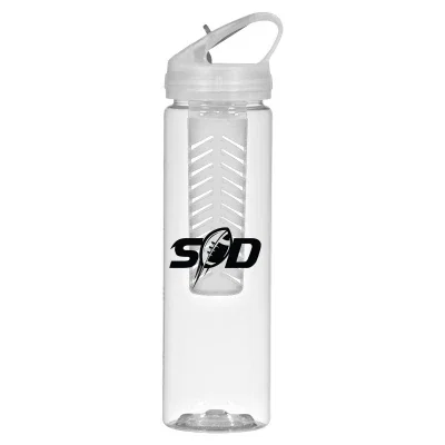 Clear water bottle with a black fruit infuser inside